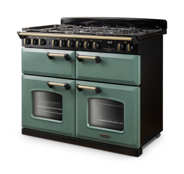 Rangemaster 18366 Classic Deluxe BC 110 Dual Fuel Range Cooker with Slow Cook Oven in Mineral Green with Antique Brass Trim - CLDLB110DFPMGR/AB1_angled