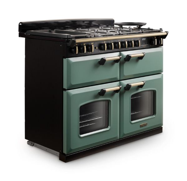 Rangemaster 18366 Classic Deluxe BC 110 Dual Fuel Range Cooker with Slow Cook Oven in Mineral Green with Antique Brass Trim - CLDLB110DFPMGR/AB1_angled2