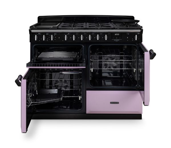 Rangemaster 17819 Classic Deluxe OC 110 Dual Fuel Range Cooker in Heather with Chrome Trim - CLDLO110DFPHTH/CM1_open doors