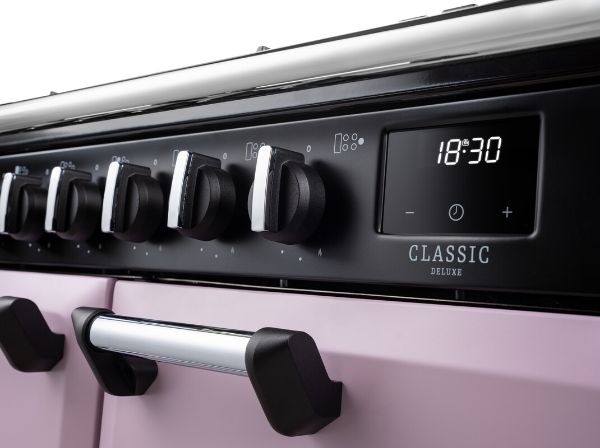 Rangemaster 17819 Classic Deluxe OC 110 Dual Fuel Range Cooker in Heather with Chrome Trim - CLDLO110DFPHTH/CM1_controls