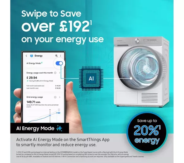 Samsung DV90T6240LE/S1 9kg Heat Pump Smart Tumble Dryer - White_ai energy mode