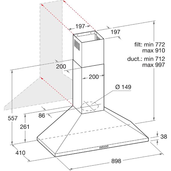 Hotpoint PHPN95FLMX/1 90cm Chimney Pyramid Cooker Hood in Stainless Steel_Dimensions