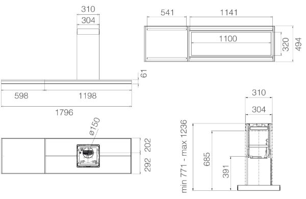 Elica ELEM-IS-BLSS180 Element Island 180cm Island Cooker Hood in Black and Stainless Steel