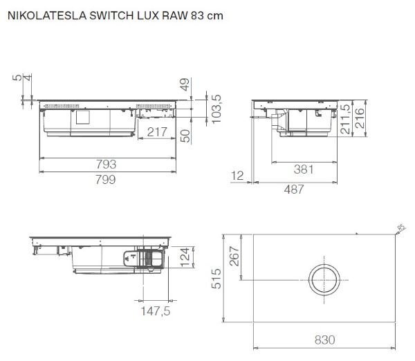 Elica NT-SW-LUX-RA-BA NikolaTesla Switch Lux Raw 83cm Induction Venting Hob with Back Aspiration Kit – Matt Black Glass