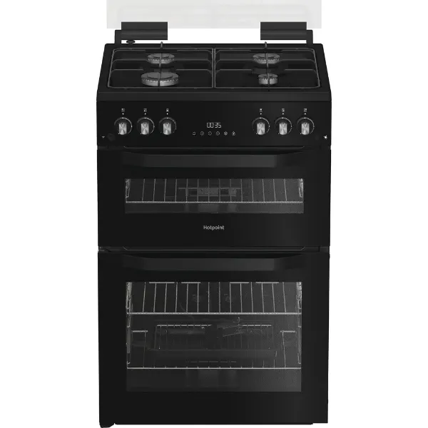 Hotpoint HTG6GDCB1 60cm Gas Twin Cooker with Glass Lid in Black