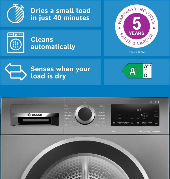 Bosch WQG245R2GB Series 6 9kg Heat Pump Tumble Dryer in Cast Iron Grey