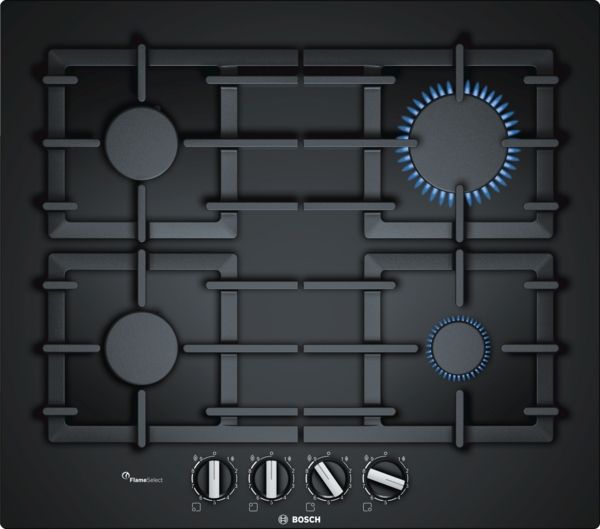 Bosch PPP6A6B90 60cm Gas Hob with FlameSelect in Black Tempered Glass 
