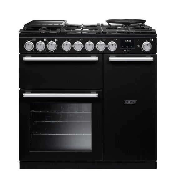 Rangemaster 16346 Nexus 90 Dual Fuel Range Cooker in Gloss Black with Chrome Trim - NEX90DFPGBL/CM1