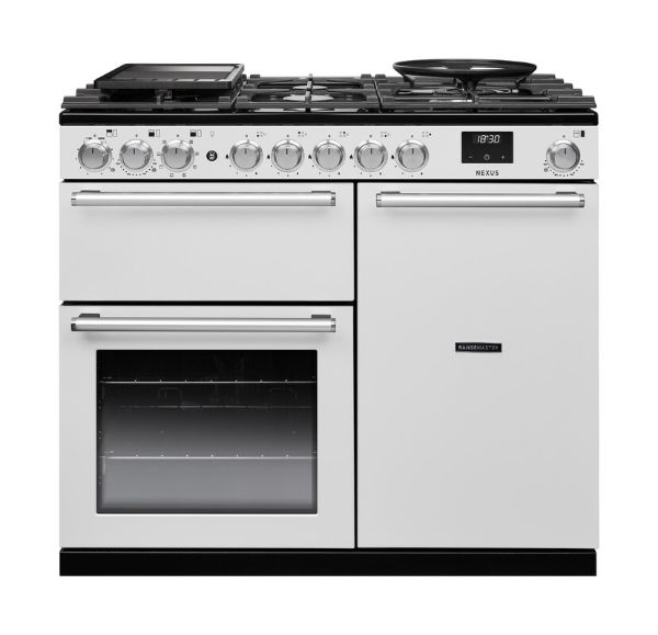 Rangemaster 16391 Nexus 100 Dual Fuel Range Cooker in White with Chrome Trim - NEX100DFPWHT/CM1