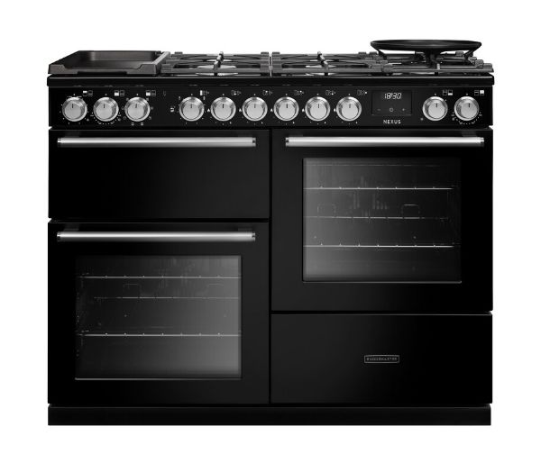 Rangemaster 16416 Nexus OC 110 Dual Fuel Range Cooker with Proving Drawer in Gloss Black with Chrome Trim - NEXO110DFPGBL/CM1