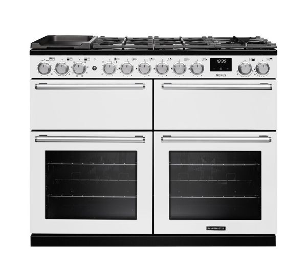 Rangemaster 16461 Nexus BC 110 Dual Fuel Range Cooker with Slow Cook Oven in White with Chrome Trim - NEXB110DFPWHT/CM1