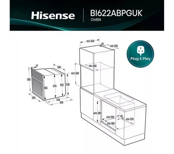 Hisense BI622ABPGUK  Built In Electric Single Steam, Plug & Play Oven - Jet Black