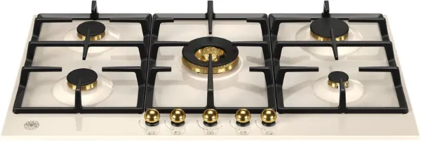 Bertazzoni P905CHERAG Heritage Series 90cm 5 Burner with Central Wok  Burner Gas Hob in Ivory Gold