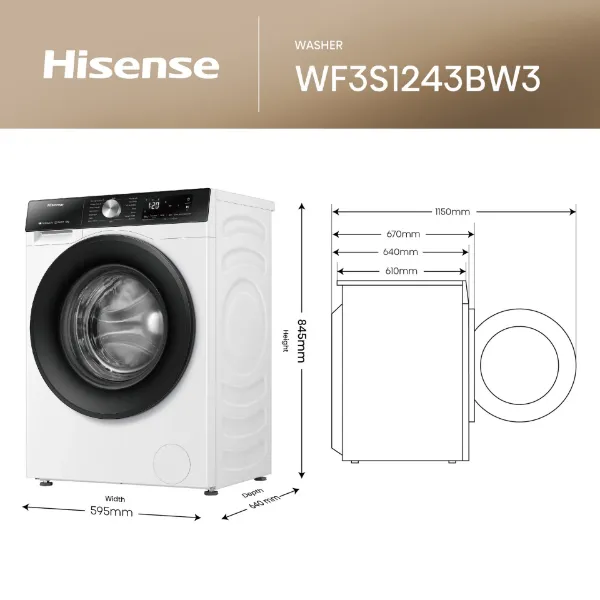 Hisense WF3S1243BW3 12kg 1400 Spin, Steam Washing Machine - White