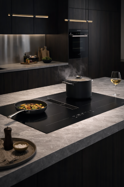Faber Galileo XL A830 Recirculating Only Matt Black Vented Induction Hob_installed
