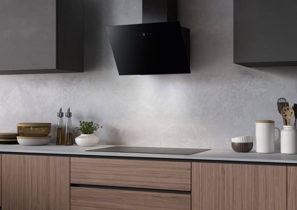 Faber Shadow 60cm Black Glass Wall Mounted Angled Cooker Hood_installed