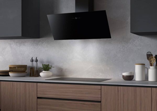Faber Shadow 90cm Black Glass Wall Mounted Angled Cooker Hood_installed