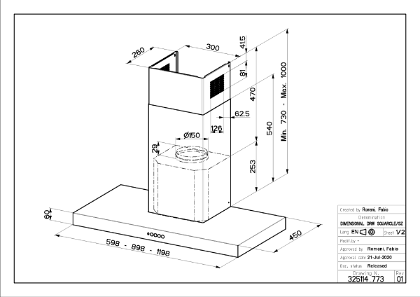 Faber Stilo Comfort A60 Wall Mounted Chimney Cooker Hood_dimensions