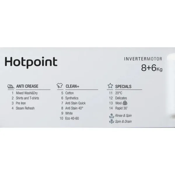 Hotpoint BIWDHG861485 8kg/6kg 1400 Spin Integrated Washer Dryer - White_settings