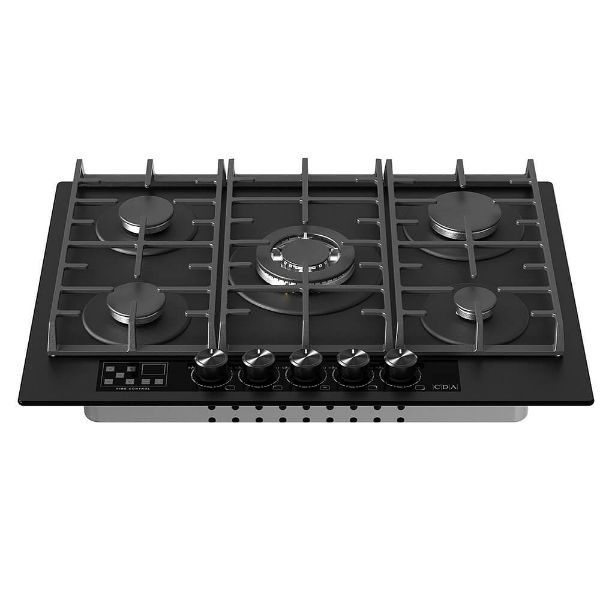 CDA HVG731MB 70cm 5 Zone Gas on Glass Hob_Angled View