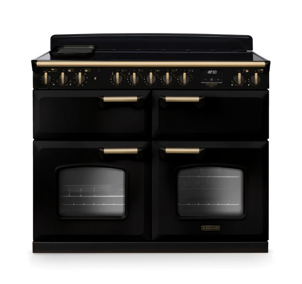 Rangemaster 18383 Classic Deluxe BC 110 Induction Range Cooker with Slow Cook Oven in Gloss Black with Antique Brass Trim - CLDLB110EIPGBL/AB1