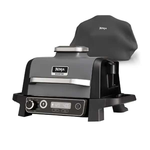 Ninja OG703UK Outdoor Woodfire Electric BBQ Grill & Smoker with Cover - Black_angled view
