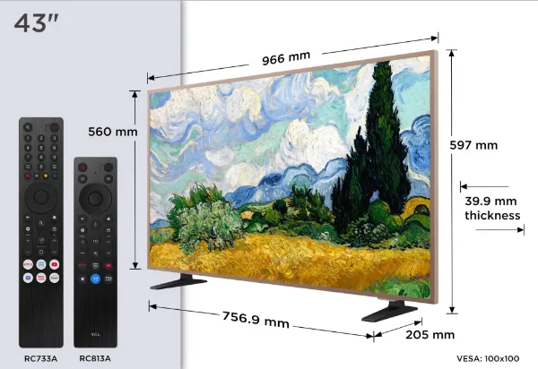 TCL 43A400 PRO-UK 43" 4K Ultra HD QD-MINI LED AI Art TV_dimensions