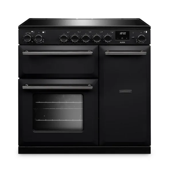 Rangemaster Aura AURA90EIP/19284 (AURA90EIPCBL/YX1) 90cm Induction Range Cooker - Black with Onyx Trim