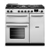 Rangemaster Aura AURA90DFP/19323 (AURA90DFPWHT/BN1) 90cm Dual Fuel Range Cooker - White with Brushed Nickel Trim