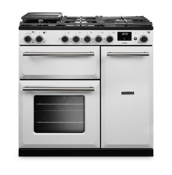 Rangemaster Aura AURA90DFP/19323 (AURA90DFPWHT/BN1) 90cm Dual Fuel Range Cooker - White with Brushed Nickel Trim