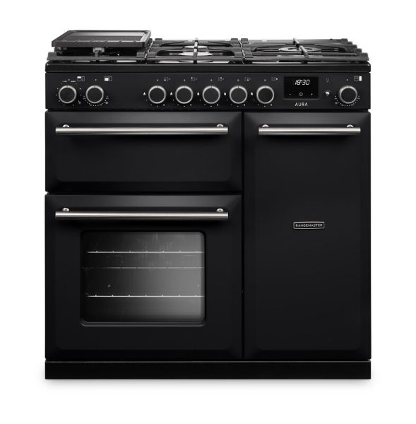 Rangemaster Aura AURA90DFP/19324 (AURA90DFPCBL/BN1) 90cm Dual Fuel Range Cooker - Black with Brushed Nickel Trim
