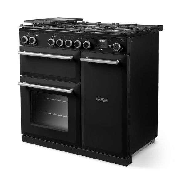 Rangemaster Aura AURA90DFP/19324 (AURA90DFPCBL/BN1) 90cm Dual Fuel Range Cooker - Black with Brushed Nickel Trim