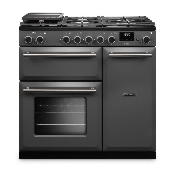 Rangemaster Aura AURA90DFP/19325 (AURA90DFPSLT/BN1) 90cm Dual Fuel Range Cooker - Slate with Brushed Nickel Trim