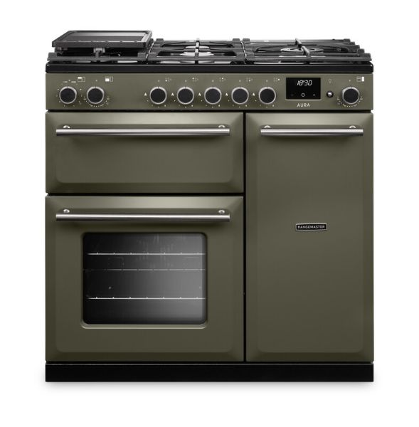 Rangemaster Aura AURA90DFP/19329 (AURA90DFPRBD/BN1) 90cm Dual Fuel Range Cooker - Riverbed with Brushed Nickel Trim