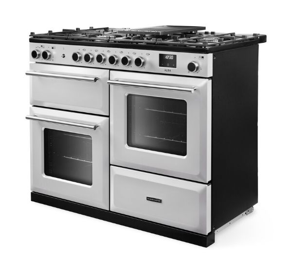 Rangemaster Aura AURO110DF/19355 (AURAO110DFPWHT/BN1) 110cm Dual Fuel Range Cooker - White with Brushed Nickel Trim