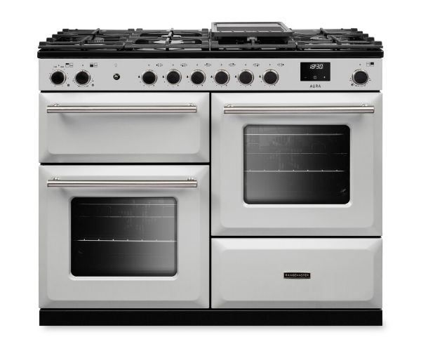 Rangemaster Aura AURO110DF/19355 (AURAO110DFPWHT/BN1) 110cm Dual Fuel Range Cooker - White with Brushed Nickel Trim