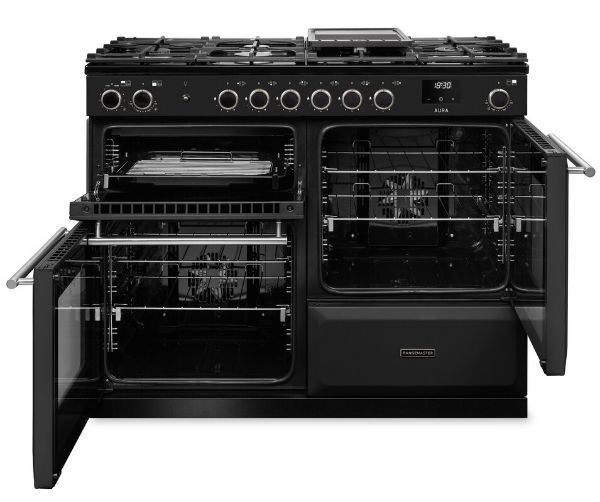 Rangemaster Aura AURO110DF/19356 (AURAO110DFPCBL/BN1) 110cm Dual Fuel Range Cooker - Black with Brushed Nickel Trim