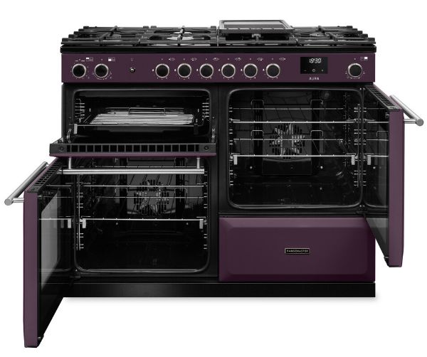 Rangemaster Aura AURO110DF/19362 (AURAO110DFPPLM/BN1) 110cm Dual Fuel Range Cooker - Plum with Brushed Nickel Trim