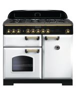 Rangemaster 113860 Classic Deluxe 100 Dual Fuel Range Cooker in White with Brass Trim