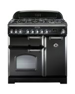 Rangemaster 80930 Classic Deluxe 90 Dual Fuel Range Cooker in Black with Chrome Trim
