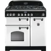 Rangemaster 113550 Classic Deluxe 90 Dual Fuel Range Cooker in White with Chrome Trim
