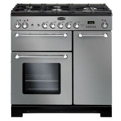 Rangemaster 98760 Kitchener 90 Dual Fuel Range Cooker in Stainless Steel with Chrome Trim